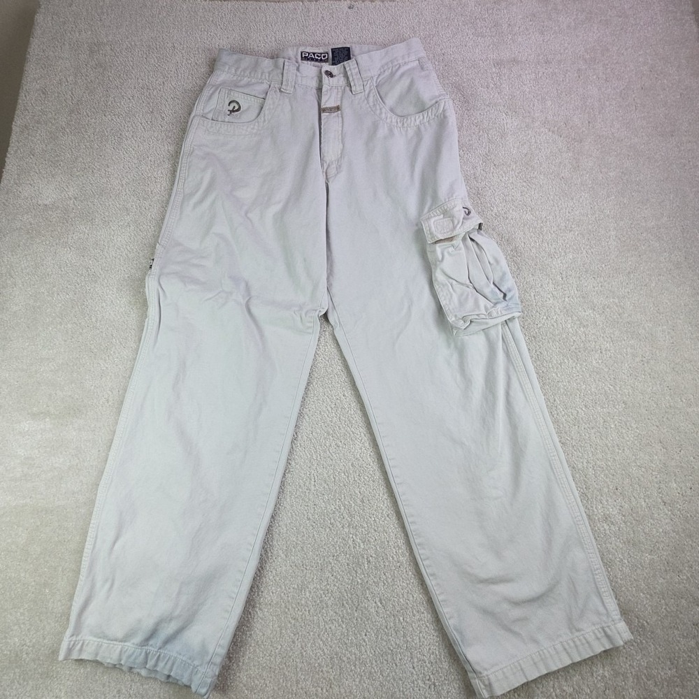 Vtg Paco Jeans Twill Cargo Mens Beige Baggy Size‎ 30x30 Thrashed Flawed